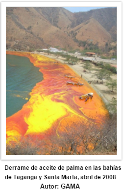 Foto de derrame de aceite de palma en las bahías de Taganga y Santa marta, abril 2008 