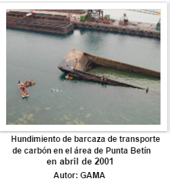Foto del hundimiento de barcaza de transporte de carbón en el área de Punta Betín en abril de 2001  