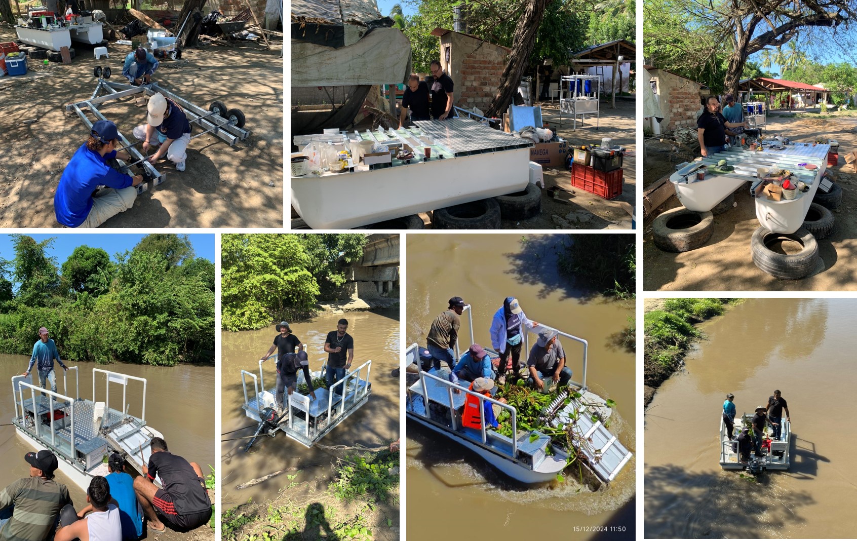 Proceso de ensamblaje y pruebas piloto de la máquina recolectora de macrófitas en el corregimiento de Palermo.