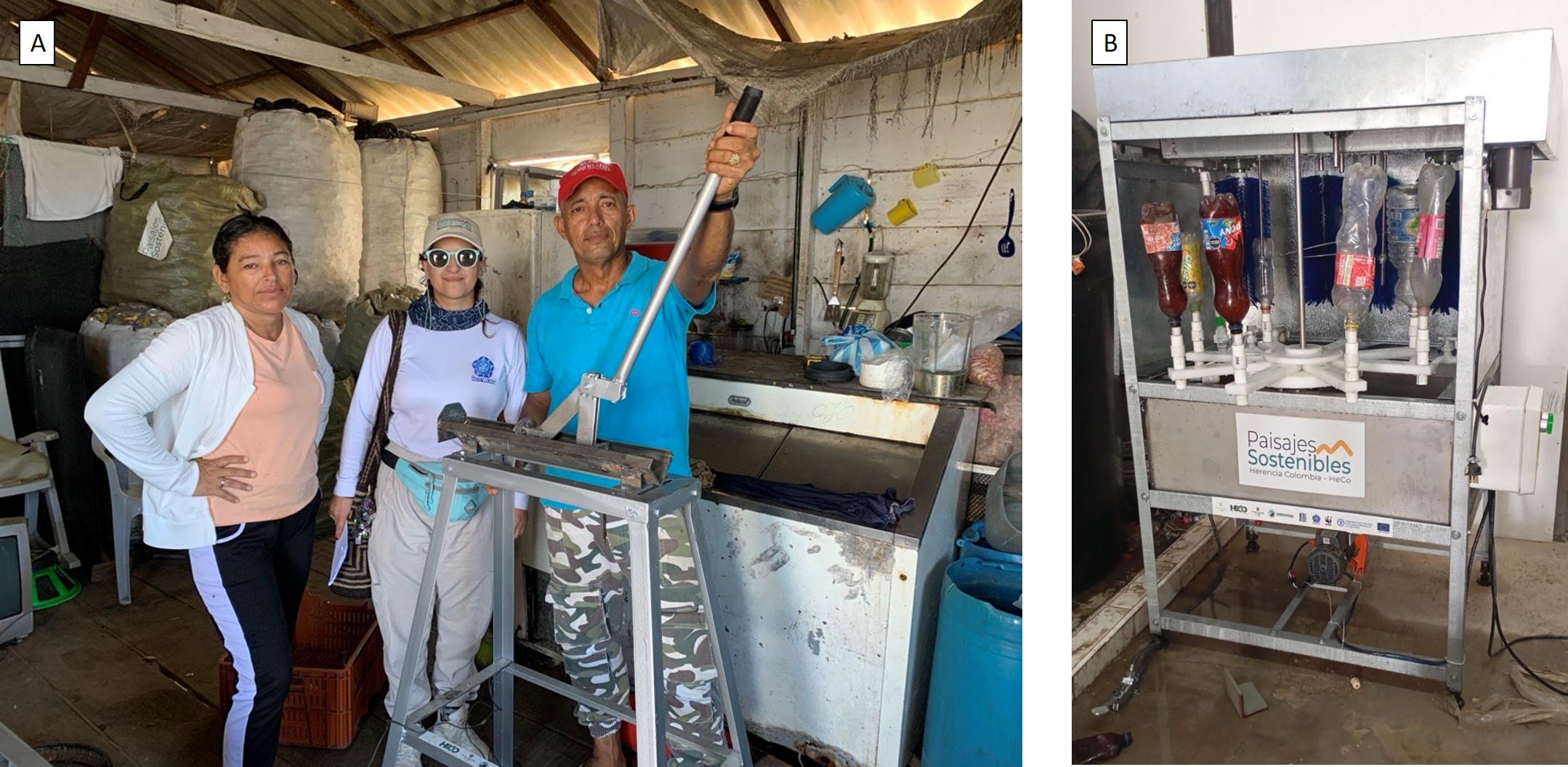 Entrega y capacitación de: (A) una máquina compactadora de latas manual a Reciclajes Venecia (emprendimiento de Nueva Venecia) y (B) una máquina lavadora de botellas a ASGESYC (emprendimiento de Palermo).