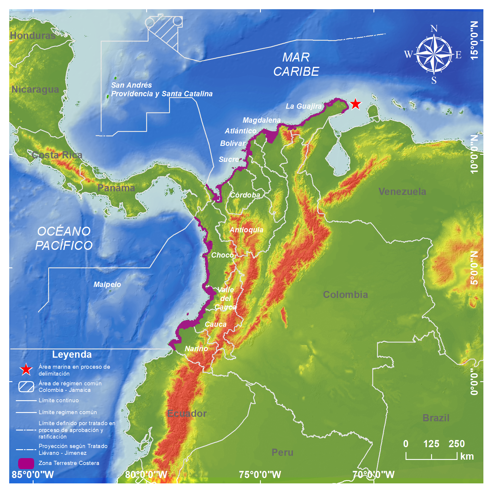 Mapa de Colombia donde se marca la zonas marinas
