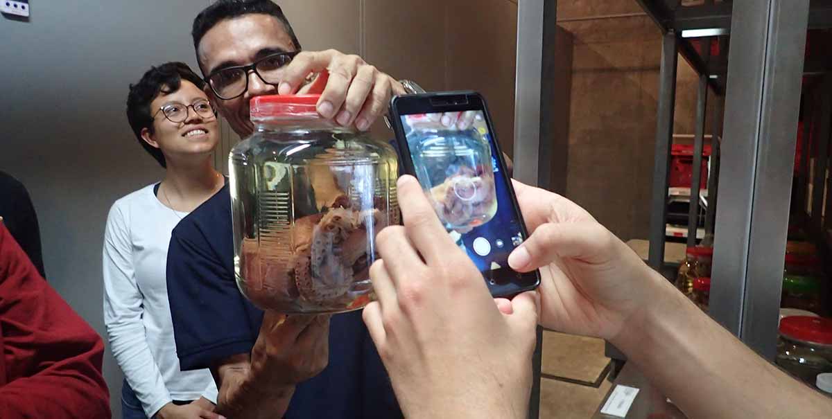 Foto de Miguel Martelo López acompañado de un grupo de visitantes de la Universidad Nacional de Colombia en el Museo de Historia Natural Marina de Colombia, Makuriwa. Fotografía: Paola Barros, Archivo CAI.